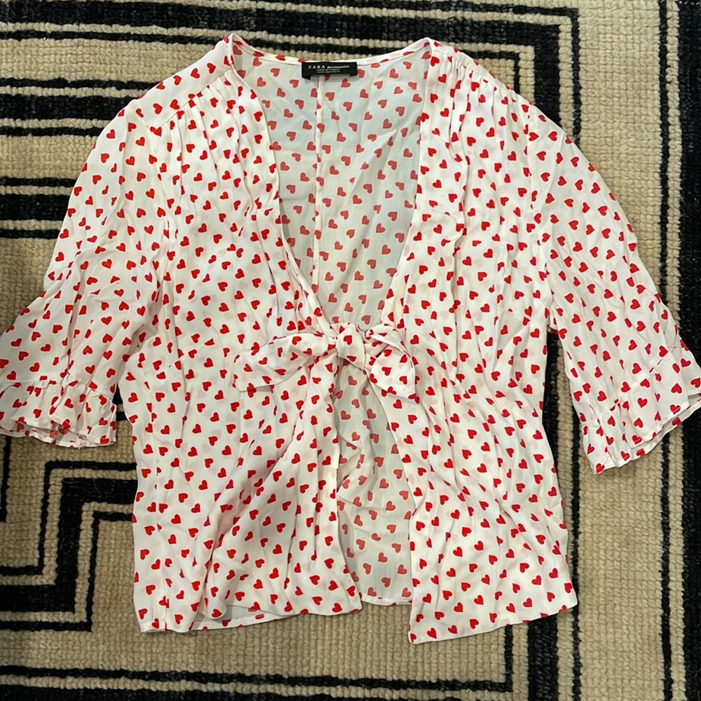 Zara Heart Print Tie Up Blouse